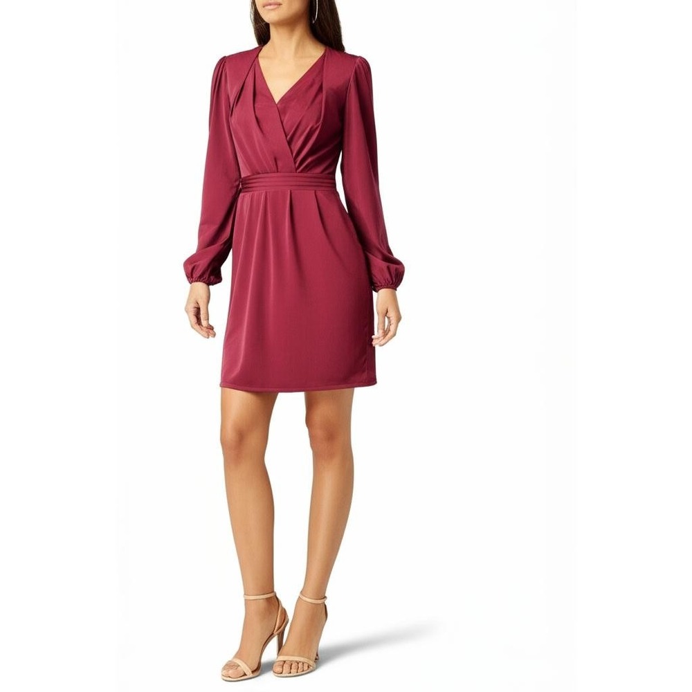 Kate Kasin Mini Dress Size M Burgundy V-Neck Wrap Pleated‎ Cocktail Elegant NEW